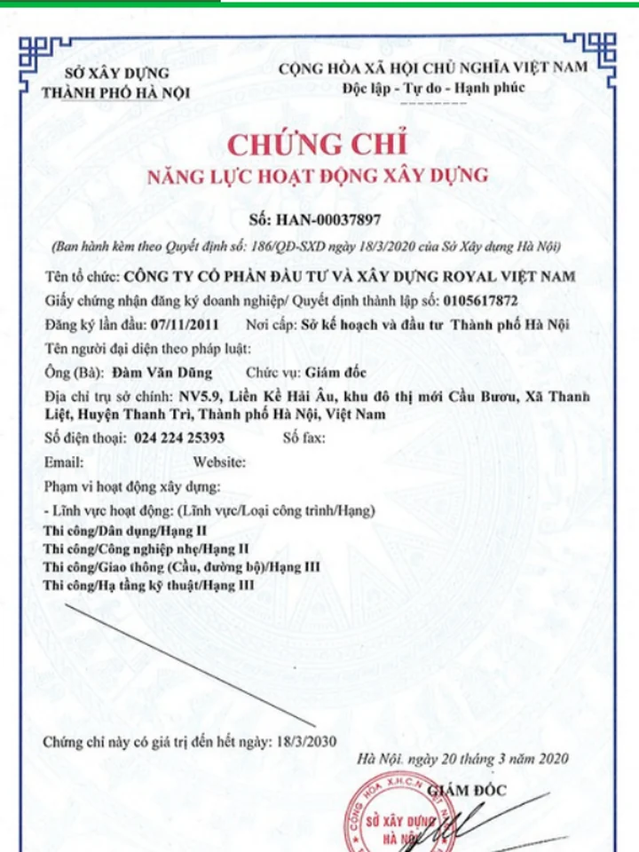 Chứng chỉ năng lực hoạt động xây dựng